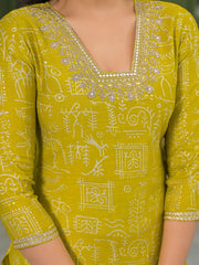 Women Yellow Viscose Ethnic Motifs Printed Straight Kurta Trousers With Dupatta-PKSKD3155