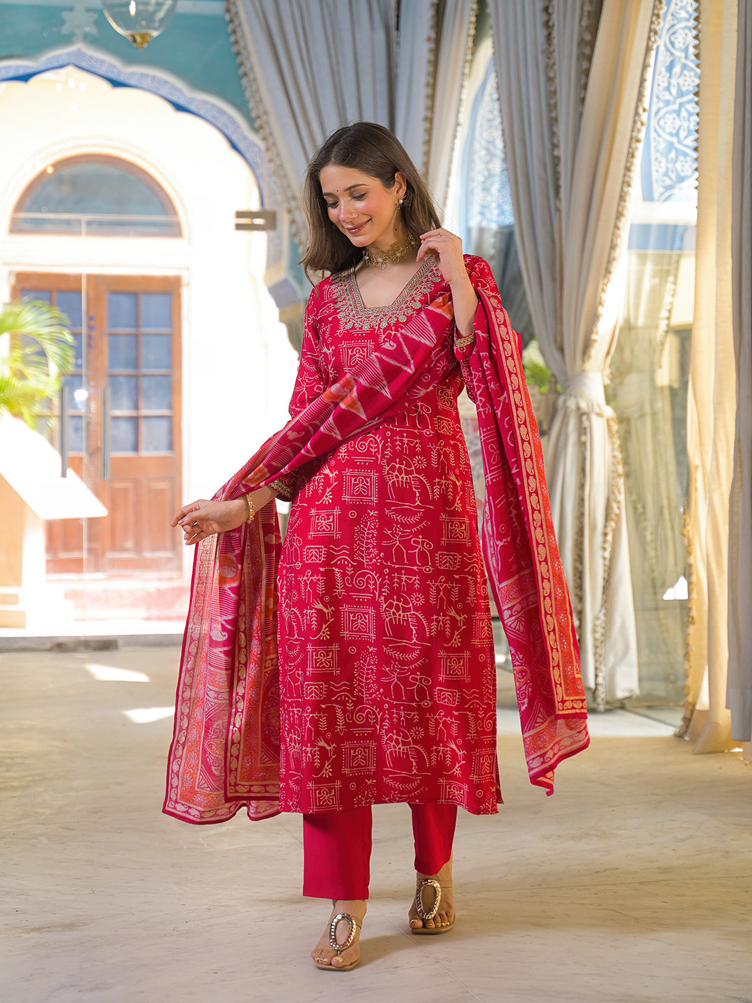 Women Red Viscose Ethnic Motifs Printed Straight Kurta Trousers With Dupatta