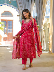 Women Red Viscose Ethnic Motifs Printed Straight Kurta Trousers With Dupatta-PKSKD3156