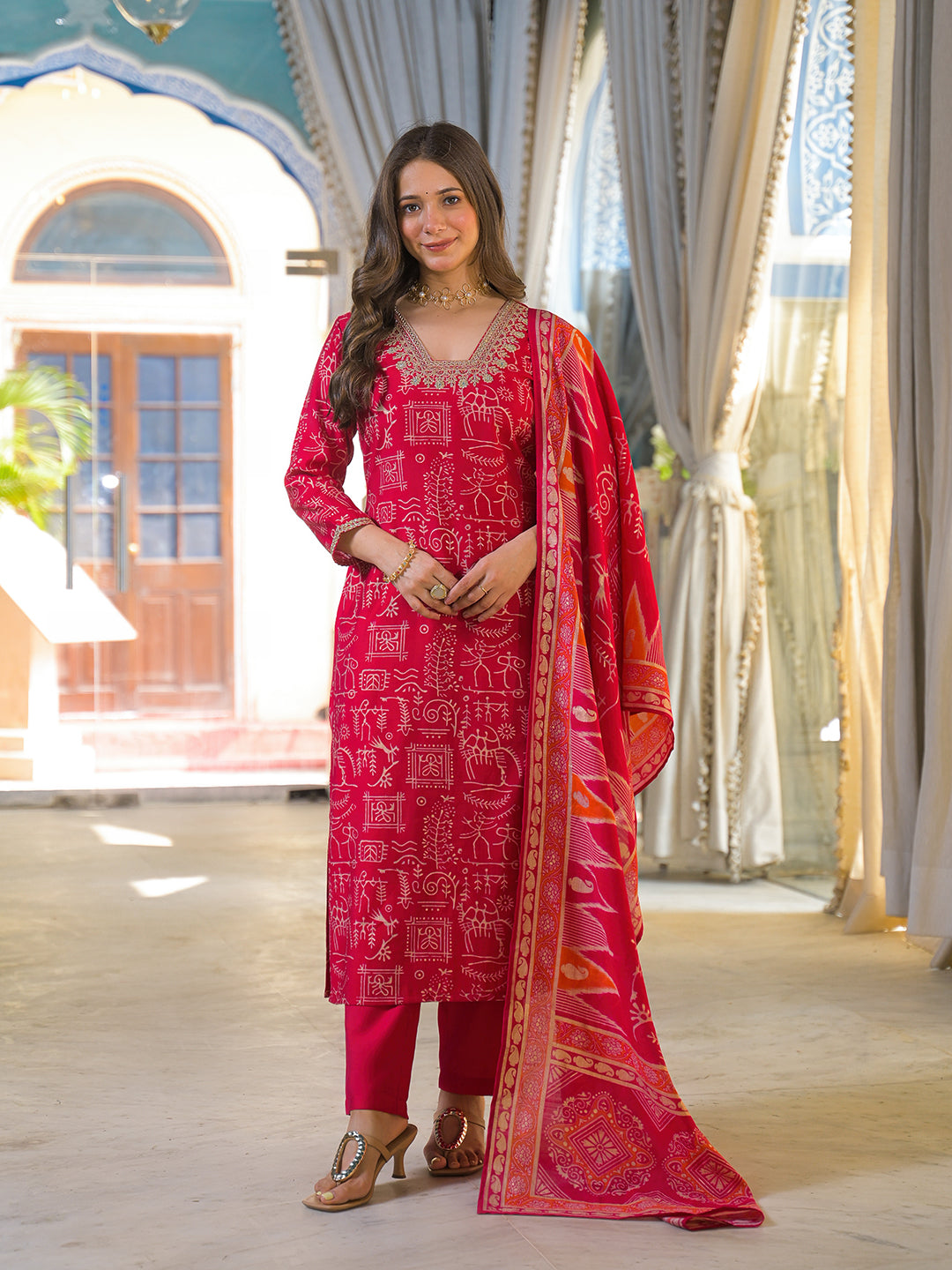 Women Red Viscose Ethnic Motifs Printed Straight Kurta Trousers With Dupatta
