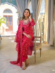 Women Red Viscose Ethnic Motifs Printed Straight Kurta Trousers With Dupatta-PKSKD3156