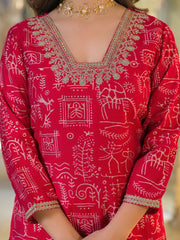 Women Red Viscose Ethnic Motifs Printed Straight Kurta Trousers With Dupatta-PKSKD3156
