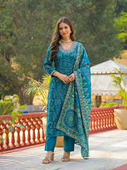 Women Blue Viscose Ethnic Motifs Printed Straight Kurta Trousers With Dupatta-PKSKD3157
