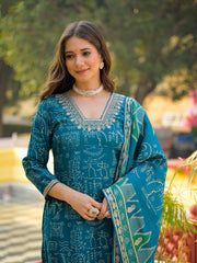 Women Blue Viscose Ethnic Motifs Printed Straight Kurta Trousers With Dupatta-PKSKD3157