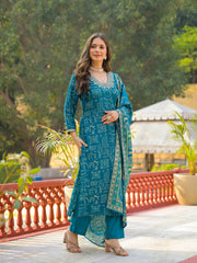 Women Blue Viscose Ethnic Motifs Printed Straight Kurta Trousers With Dupatta-PKSKD3157