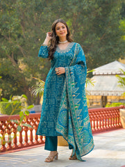 Women Blue Viscose Ethnic Motifs Printed Straight Kurta Trousers With Dupatta-PKSKD3157