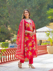 Women Red Viscose Floral Printed Straight Kurta Trousers With Dupatta-PKSKD3159
