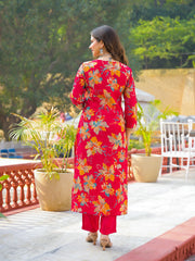 Women Red Viscose Floral Printed Straight Kurta Trousers With Dupatta-PKSKD3159