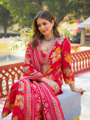 Women Red Viscose Floral Printed Straight Kurta Trousers With Dupatta-PKSKD3159
