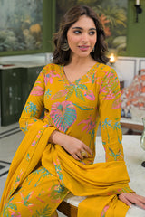 Mustard Viscose Rayon Embroidered Straight Kurta Trousers With Dupatta PKSKD3161