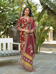 Women Brown Viscose Rayon Embroidered Straight Kurta Trousers With Dupatta-PKSKD3176