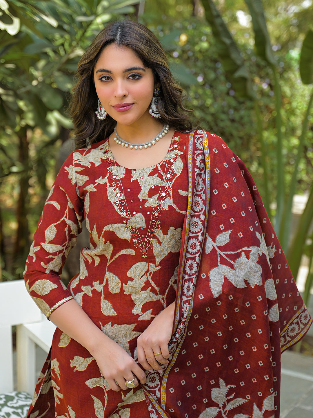 Women Brown Viscose Rayon Embroidered Straight Kurta Trousers With Dupatta