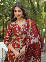 Women Brown Viscose Rayon Embroidered Straight Kurta Trousers With Dupatta-PKSKD3176