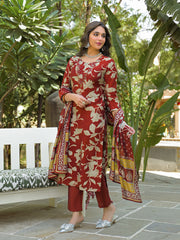 Women Brown Viscose Rayon Embroidered Straight Kurta Trousers With Dupatta-PKSKD3176