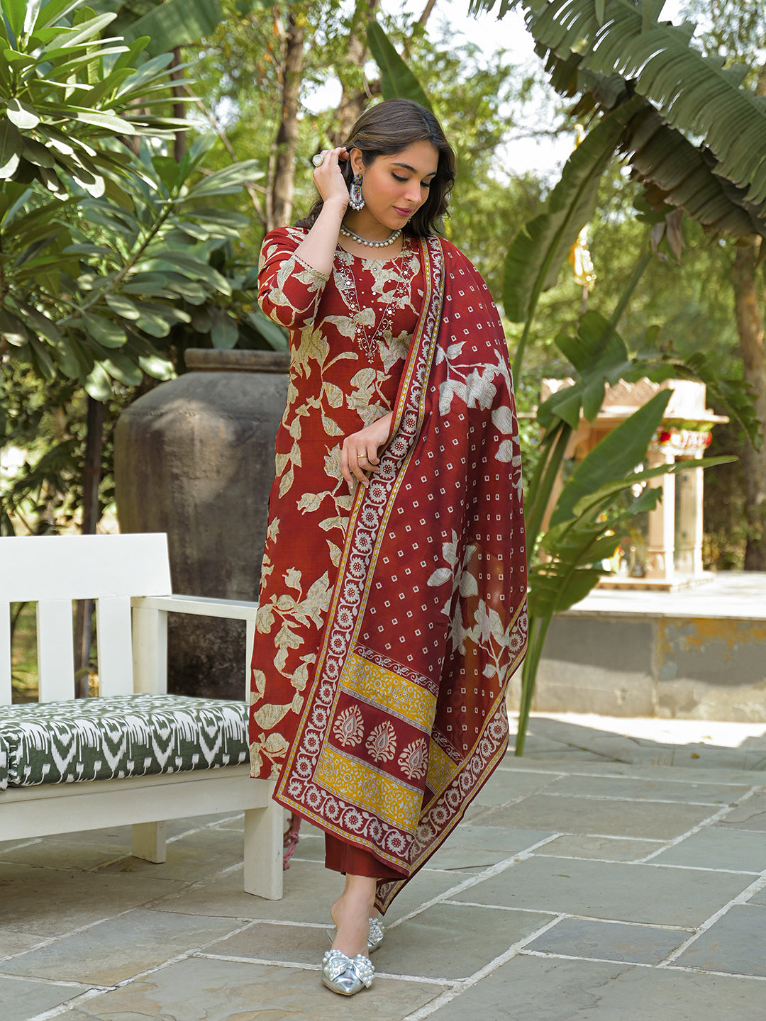 Women Brown Viscose Rayon Embroidered Straight Kurta Trousers With Dupatta