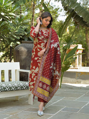 Women Brown Viscose Rayon Embroidered Straight Kurta Trousers With Dupatta-PKSKD3176