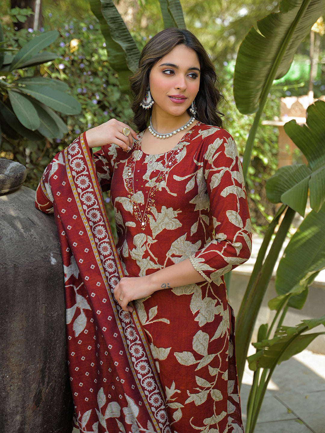 Women Brown Viscose Rayon Embroidered Straight Kurta Trousers With Dupatta