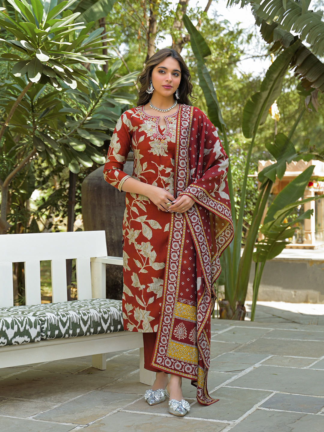 Women Brown Viscose Rayon Embroidered Straight Kurta Trousers With Dupatta-PKSKD3177