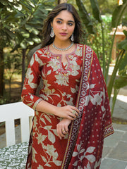 Women Brown Viscose Rayon Embroidered Straight Kurta Trousers With Dupatta-PKSKD3177