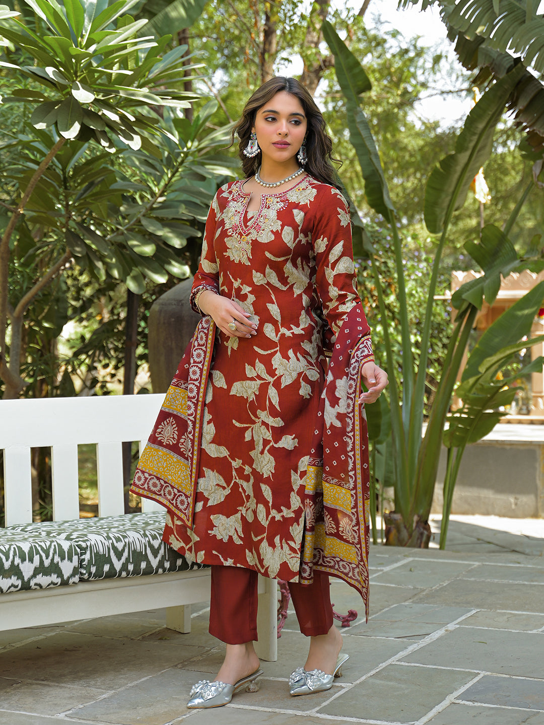 Women Brown Viscose Rayon Embroidered Straight Kurta Trousers With Dupatta