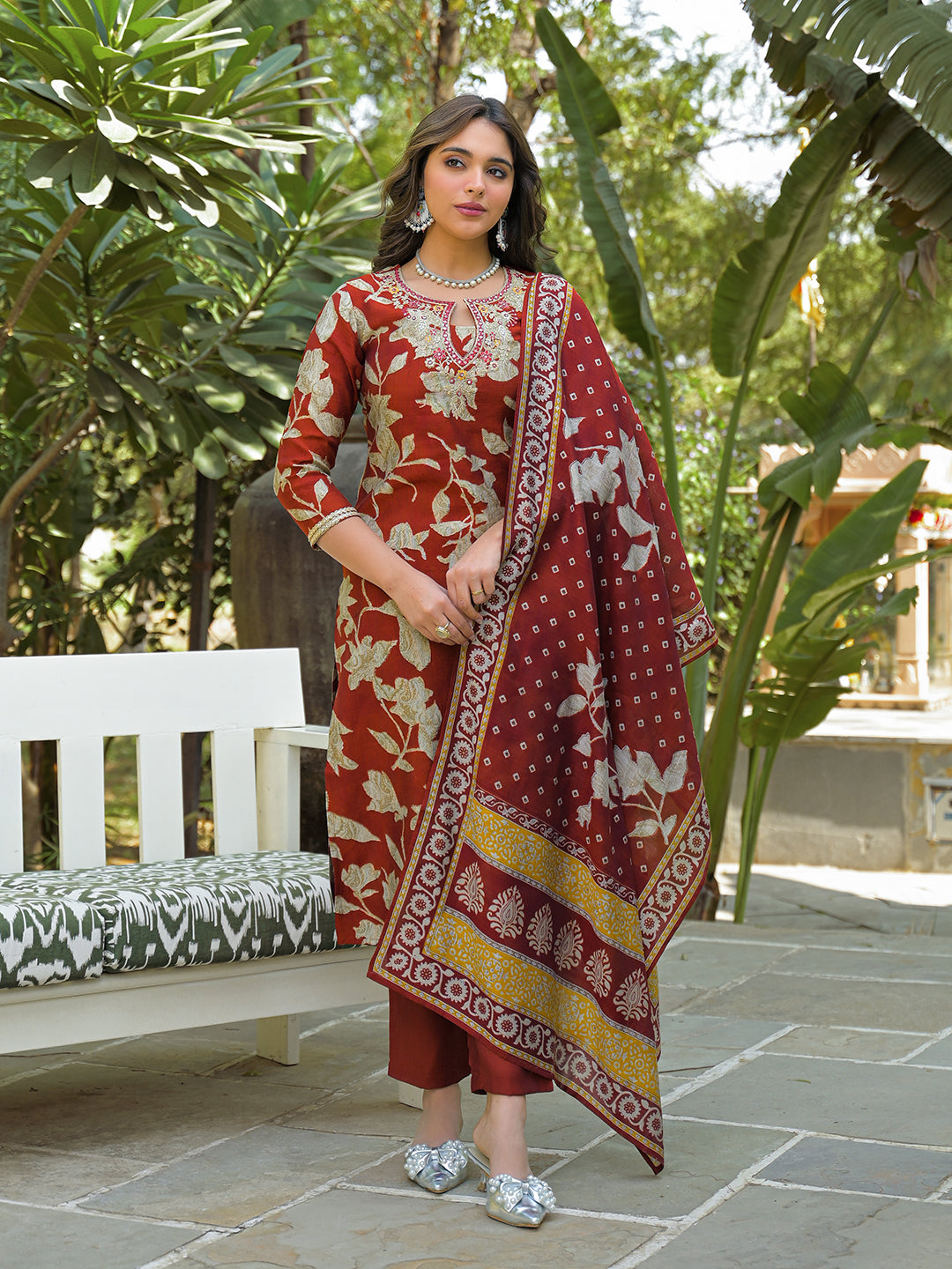 Women Brown Viscose Rayon Embroidered Straight Kurta Trousers With Dupatta
