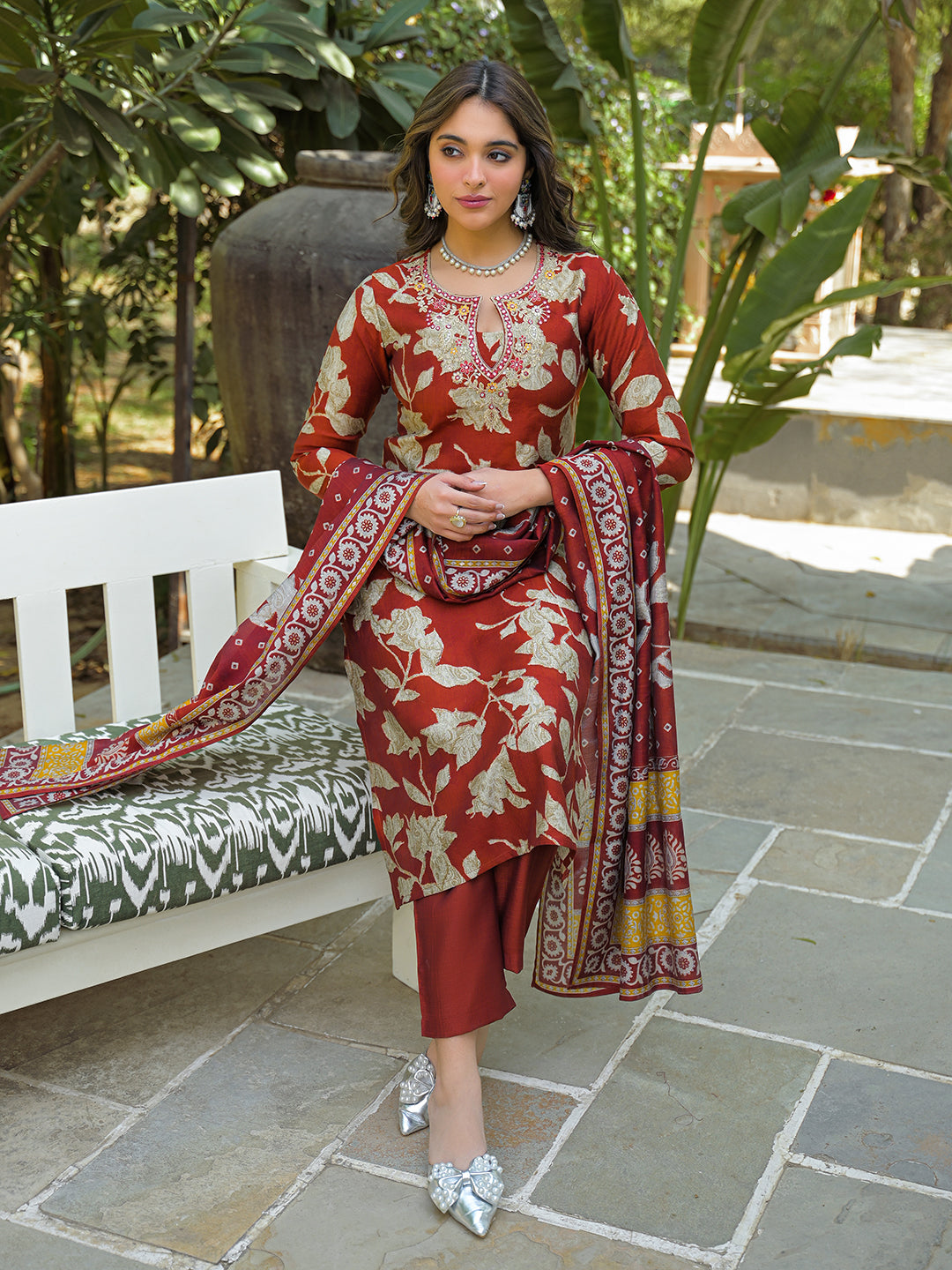 Women Brown Viscose Rayon Embroidered Straight Kurta Trousers With Dupatta