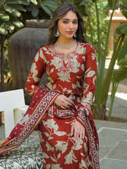 Women Brown Viscose Rayon Embroidered Straight Kurta Trousers With Dupatta-PKSKD3177