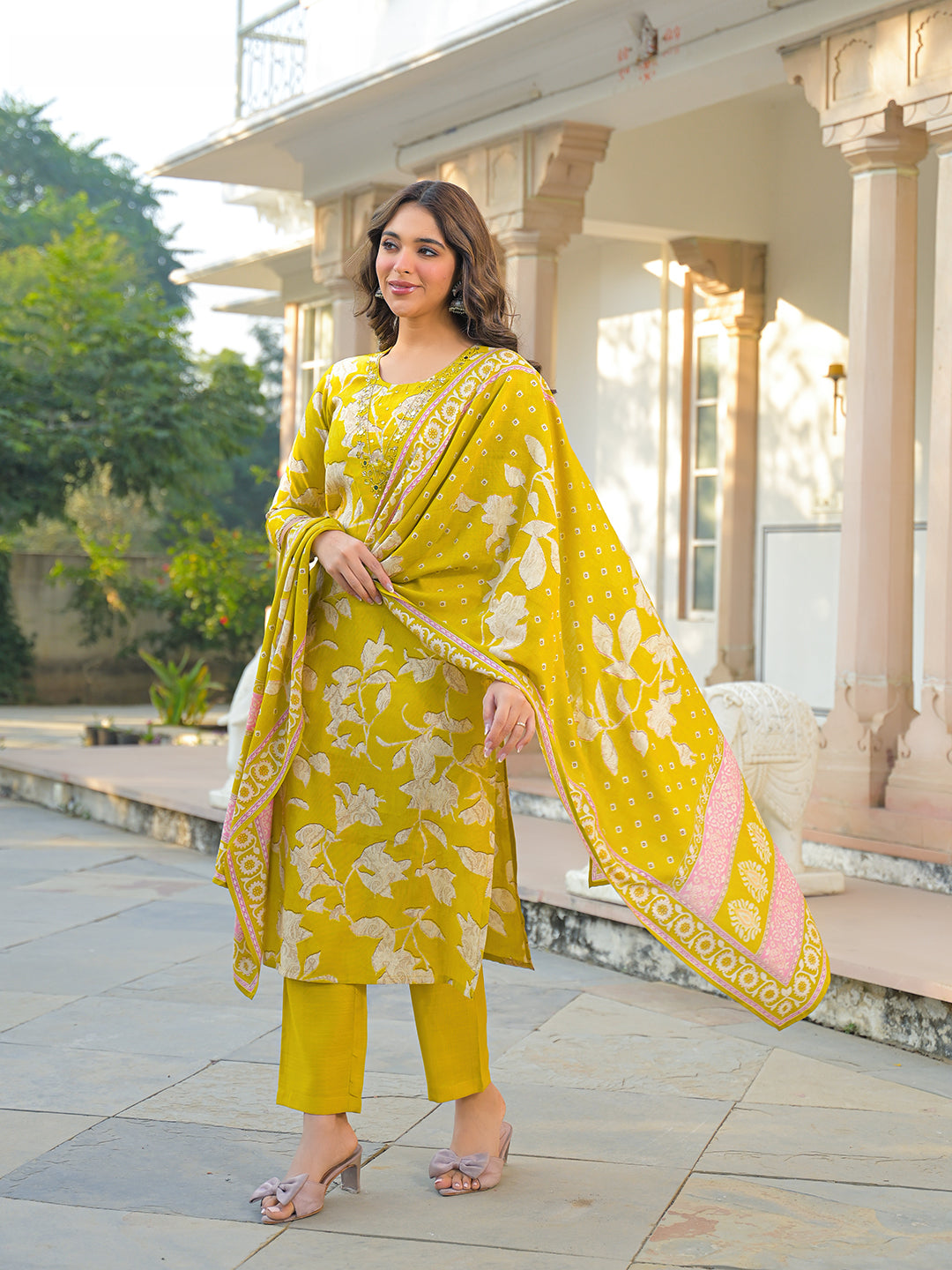 Women Yellow Viscose Rayon Floral Printed Straight Kurta Trousers With Dupatta-PKSKD3178