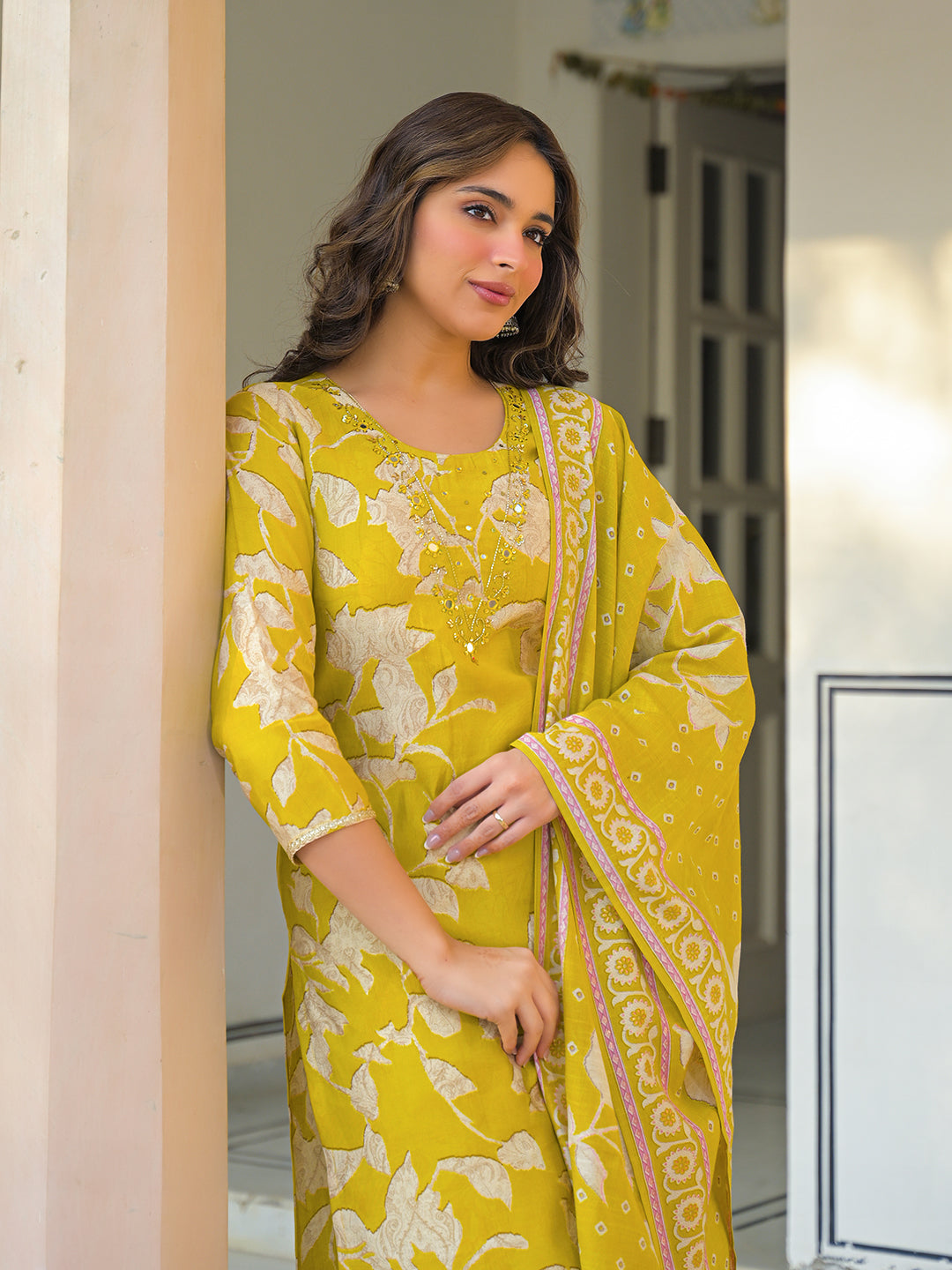 Women Yellow Viscose Rayon Floral Printed Straight Kurta Trousers With Dupatta