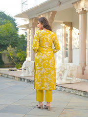 Women Yellow Viscose Rayon Floral Printed Straight Kurta Trousers With Dupatta-PKSKD3178