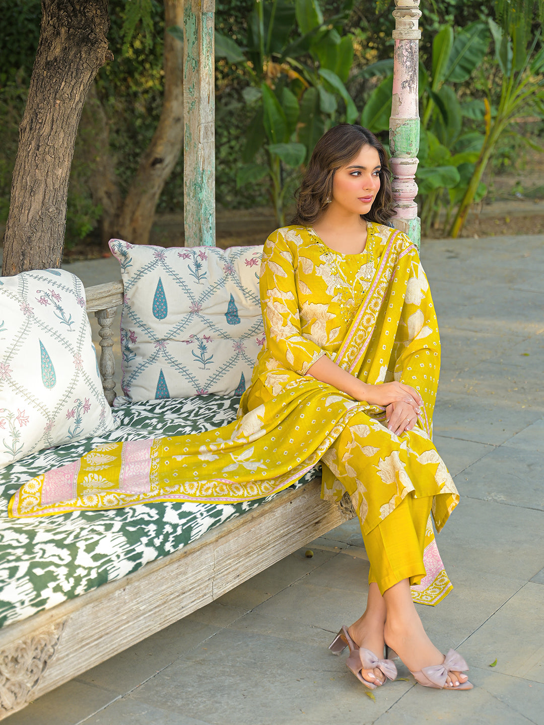 Women Yellow Viscose Rayon Floral Printed Straight Kurta Trousers With Dupatta