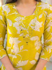 Women Yellow Viscose Rayon Floral Printed Straight Kurta Trousers With Dupatta-PKSKD3178