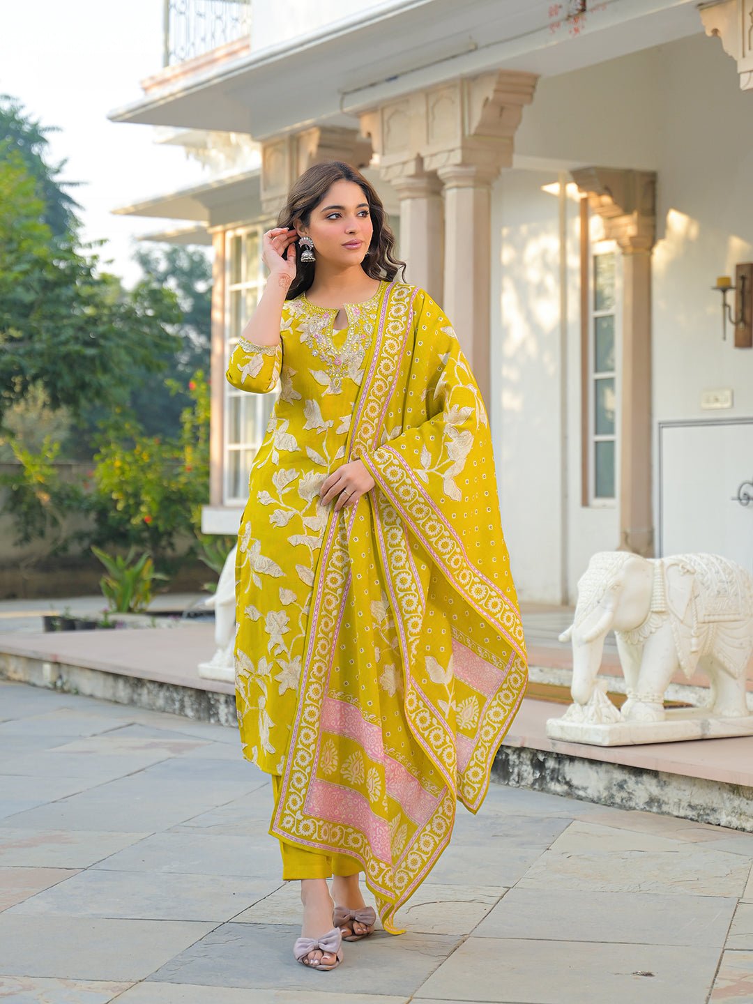 Women Yellow Viscose Rayon Floral Printed Straight Kurta Trousers With Dupatta-PKSKD3179