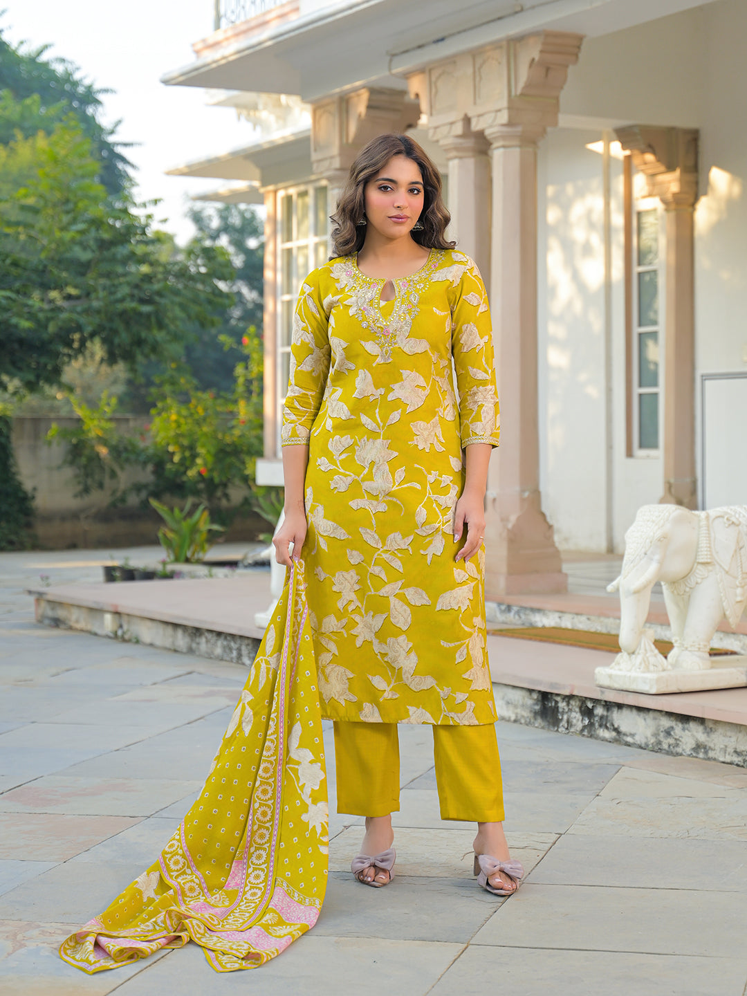 Women Yellow Viscose Rayon Floral Printed Straight Kurta Trousers With Dupatta