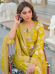 Women Yellow Viscose Rayon Floral Printed Straight Kurta Trousers With Dupatta-PKSKD3179