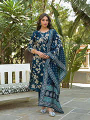 Women Navy Blue Viscose Rayon Floral Printed Straight Kurta Trousers With Dupatta-PKSKD3180