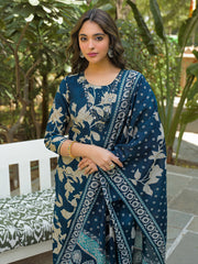 Women Navy Blue Viscose Rayon Floral Printed Straight Kurta Trousers With Dupatta-PKSKD3180
