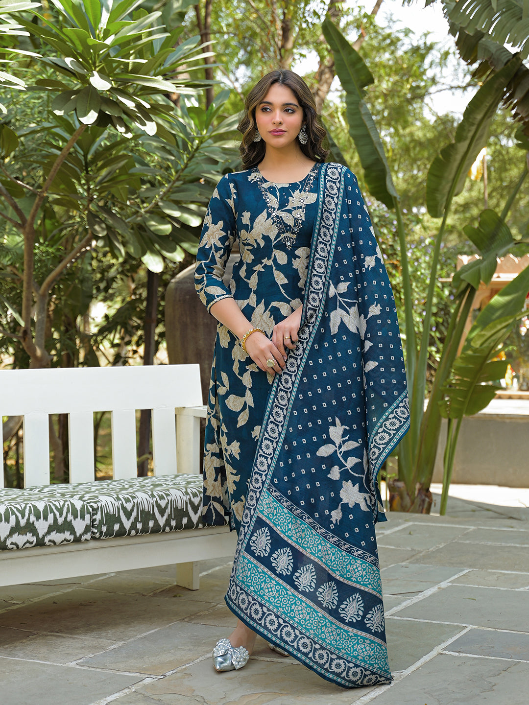 Women Navy Blue Viscose Rayon Floral Printed Straight Kurta Trousers With Dupatta