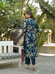 Women Navy Blue Viscose Rayon Floral Printed Straight Kurta Trousers With Dupatta-PKSKD3180