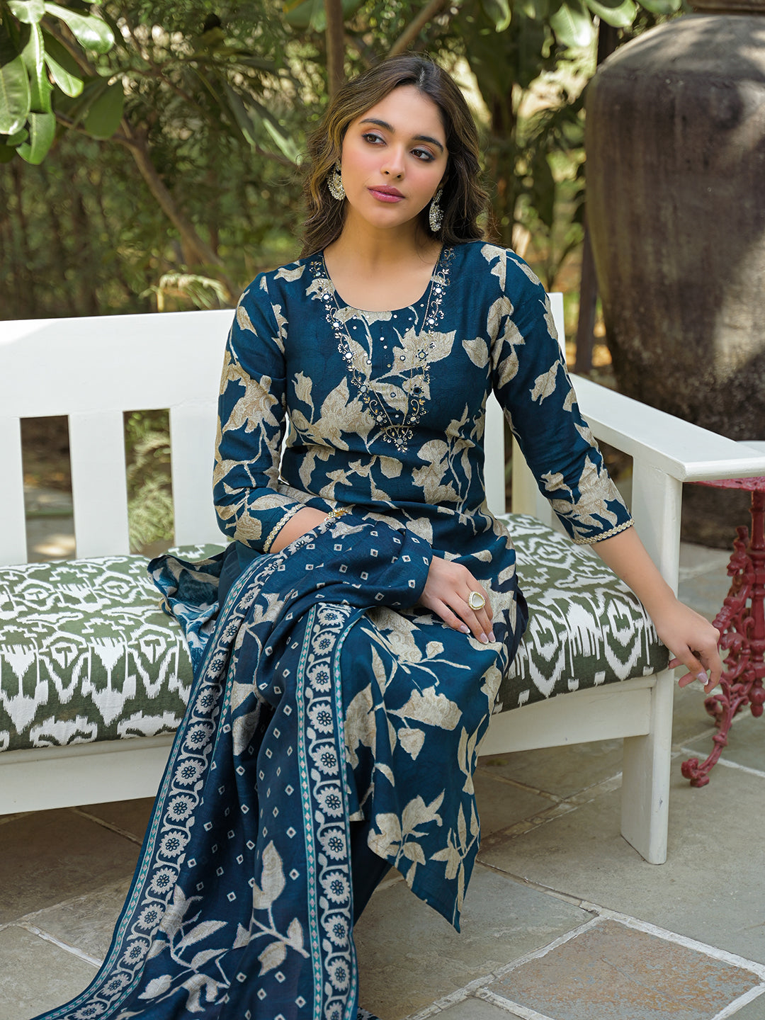 Women Navy Blue Viscose Rayon Floral Printed Straight Kurta Trousers With Dupatta