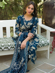 Women Navy Blue Viscose Rayon Floral Printed Straight Kurta Trousers With Dupatta-PKSKD3180