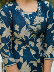 Women Navy Blue Viscose Rayon Floral Printed Straight Kurta Trousers With Dupatta-PKSKD3180