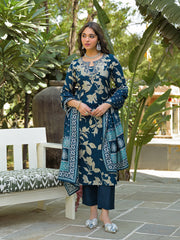 Women Navy Blue Viscose Rayon Floral Printed Straight Kurta Trousers With Dupatta-PKSKD3181