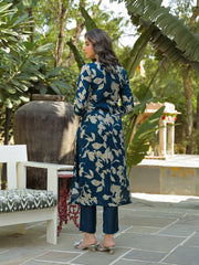 Women Navy Blue Viscose Rayon Floral Printed Straight Kurta Trousers With Dupatta-PKSKD3181
