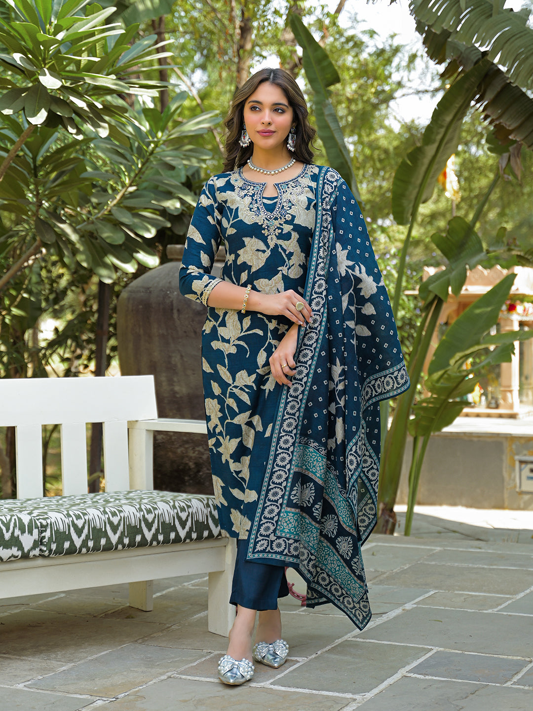 Women Navy Blue Viscose Rayon Floral Printed Straight Kurta Trousers With Dupatta