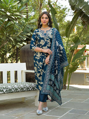 Women Navy Blue Viscose Rayon Floral Printed Straight Kurta Trousers With Dupatta-PKSKD3181
