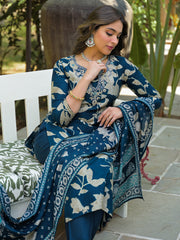 Women Navy Blue Viscose Rayon Floral Printed Straight Kurta Trousers With Dupatta-PKSKD3181
