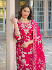 Women Red Viscose Rayon Embroidered Straight Kurta Trousers With Dupatta-PKSKD3182