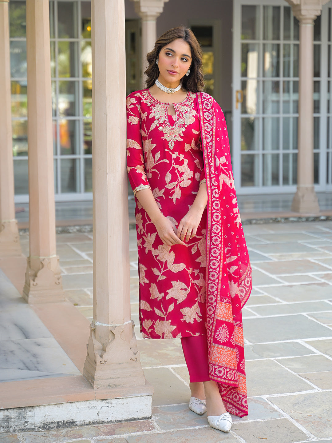 Women Red Viscose Rayon Embroidered Straight Kurta Trousers With Dupatta