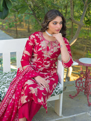 Women Red Viscose Rayon Embroidered Straight Kurta Trousers With Dupatta-PKSKD3182